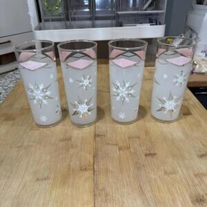 4 VTG Anchor Hocking Pink Diamond Atomic Starburst Snowflake Frosted Glasses *